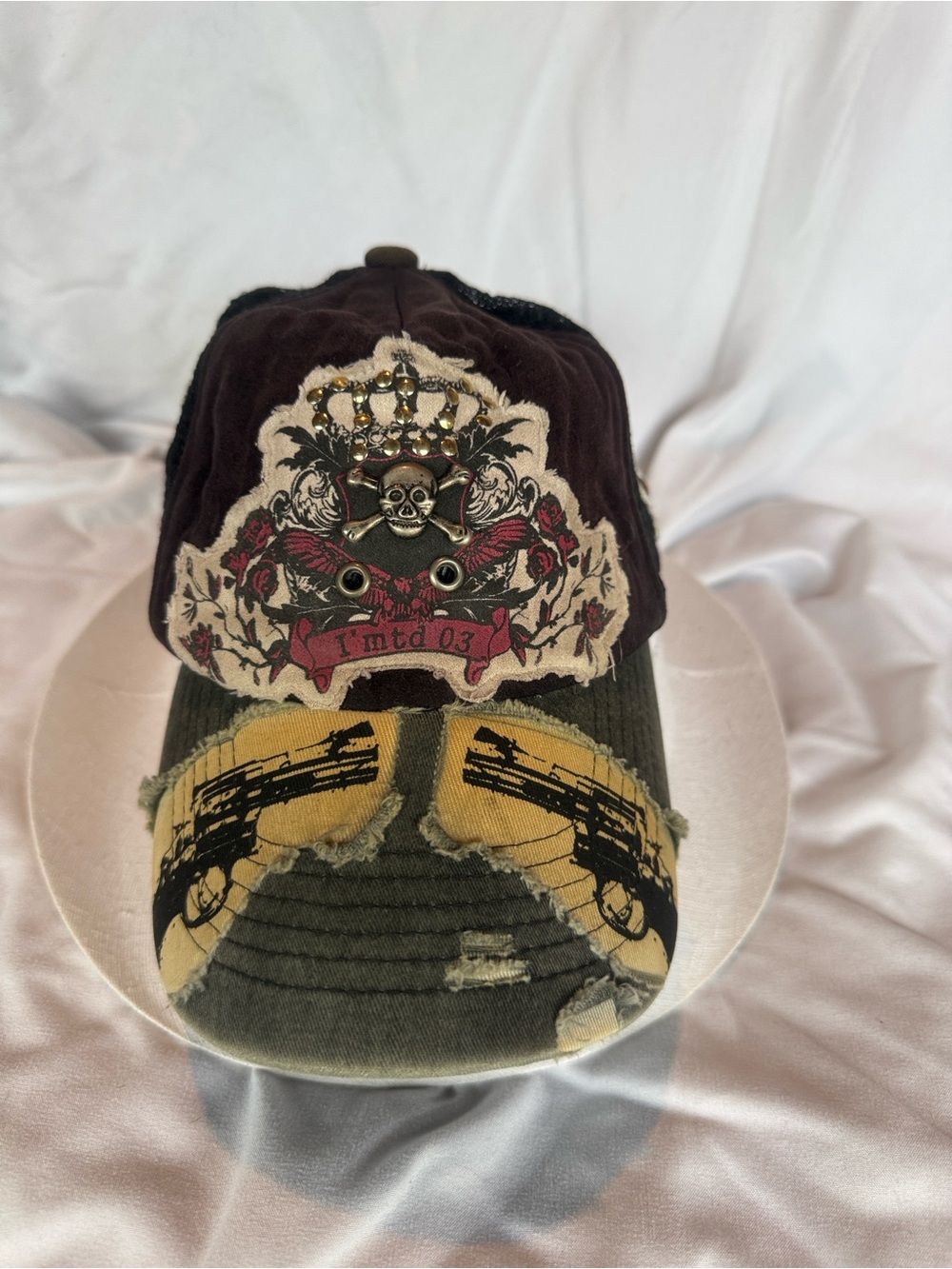 Skull Crown Patch Cap with Gun Graphic - Olive & Brown